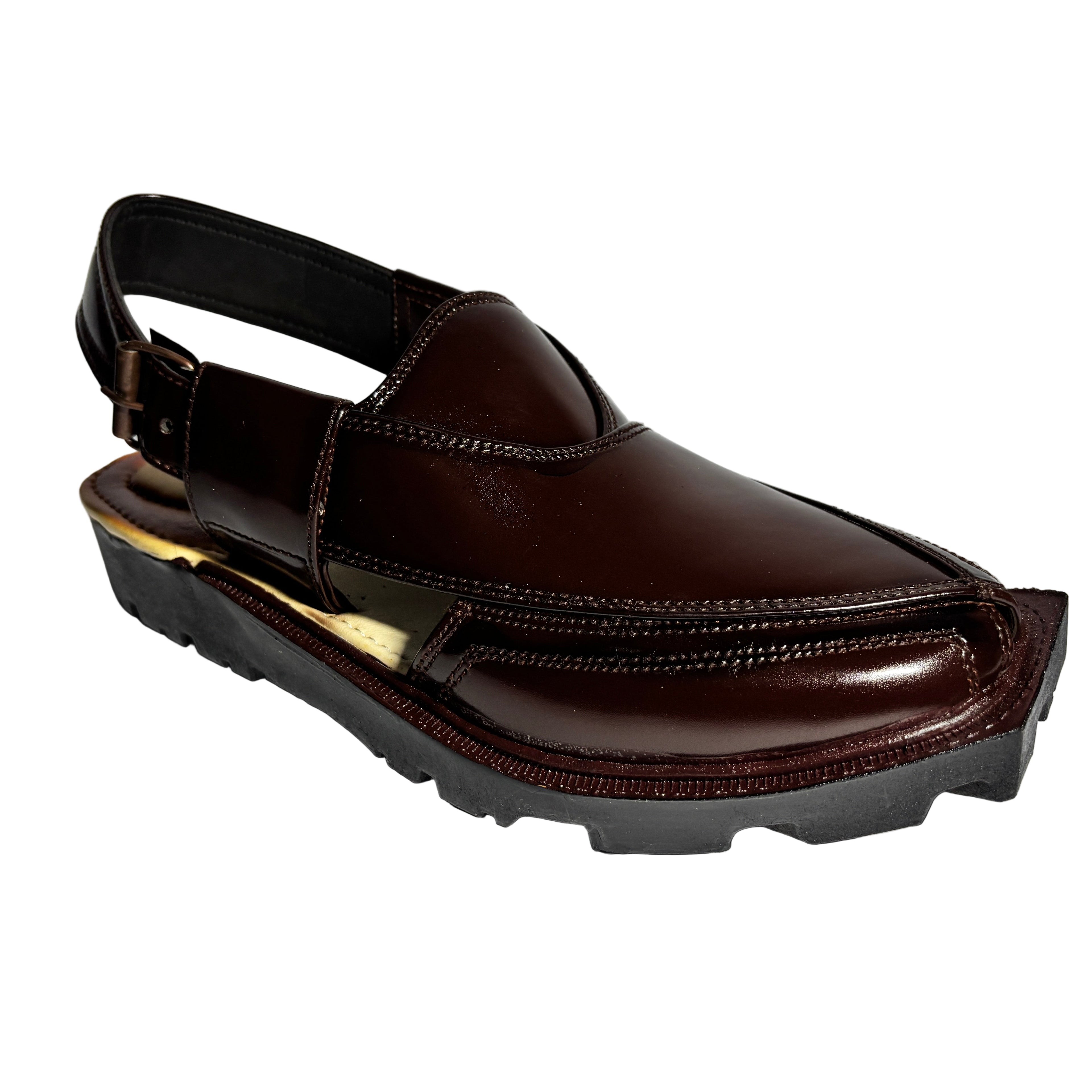 Brown leather sandal with a strap on a white background