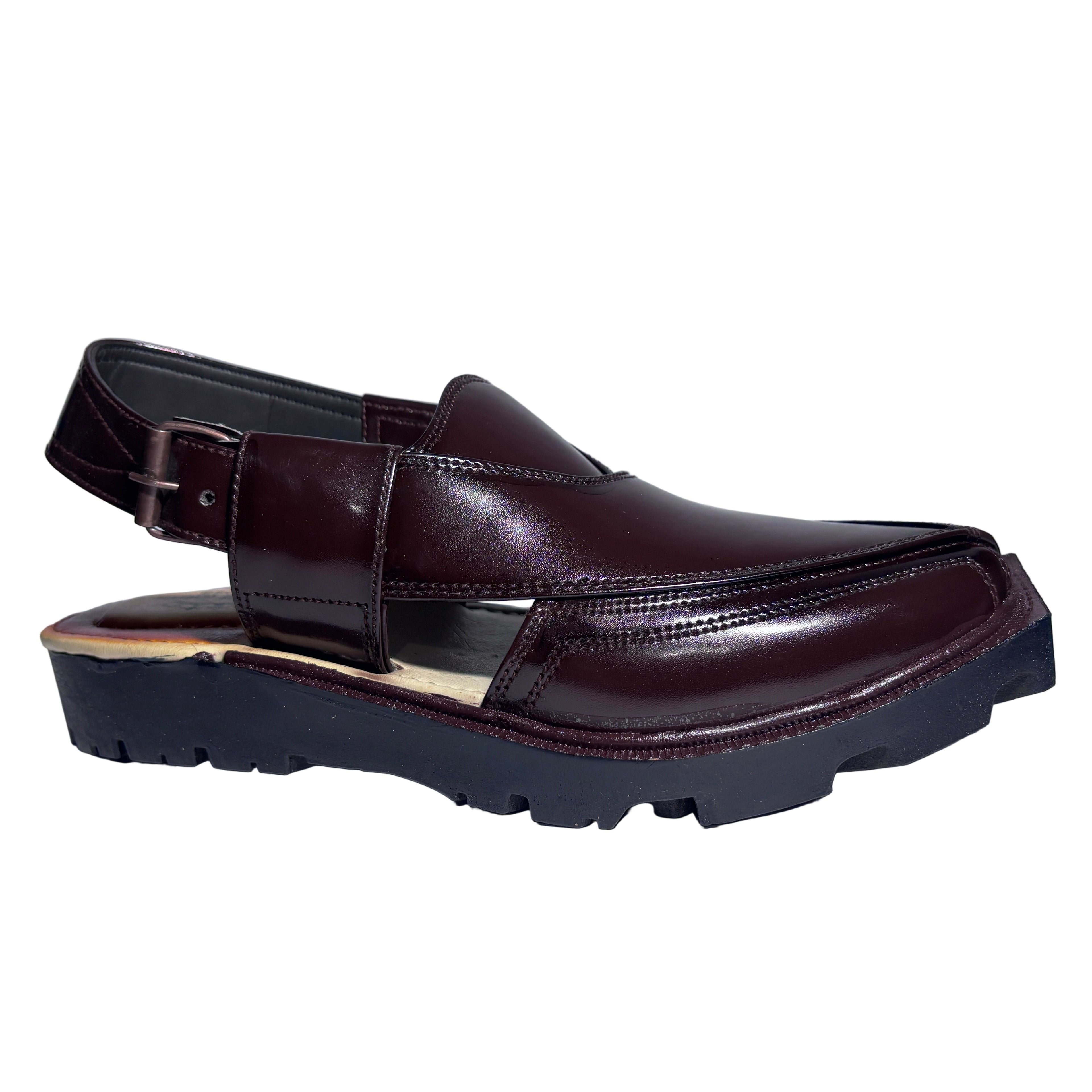 Brown leather shoe with a thick sole on a light gray background